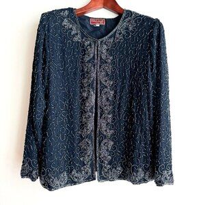 Vintage Navy Blue Fully Beaded Cocktail Red Carpet Jacket L